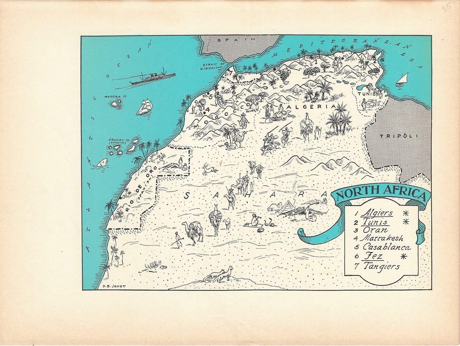 1932 Animated Map of North Africa with text page by PS Johst