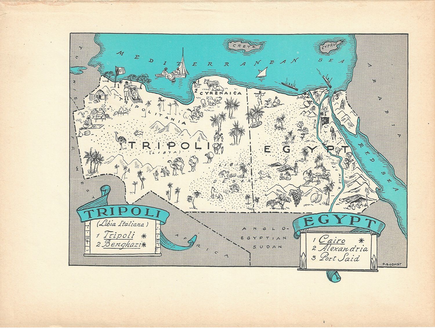 1932 Animated Map of Tripoli Libya &amp; Egypt -with text page by PS Johst