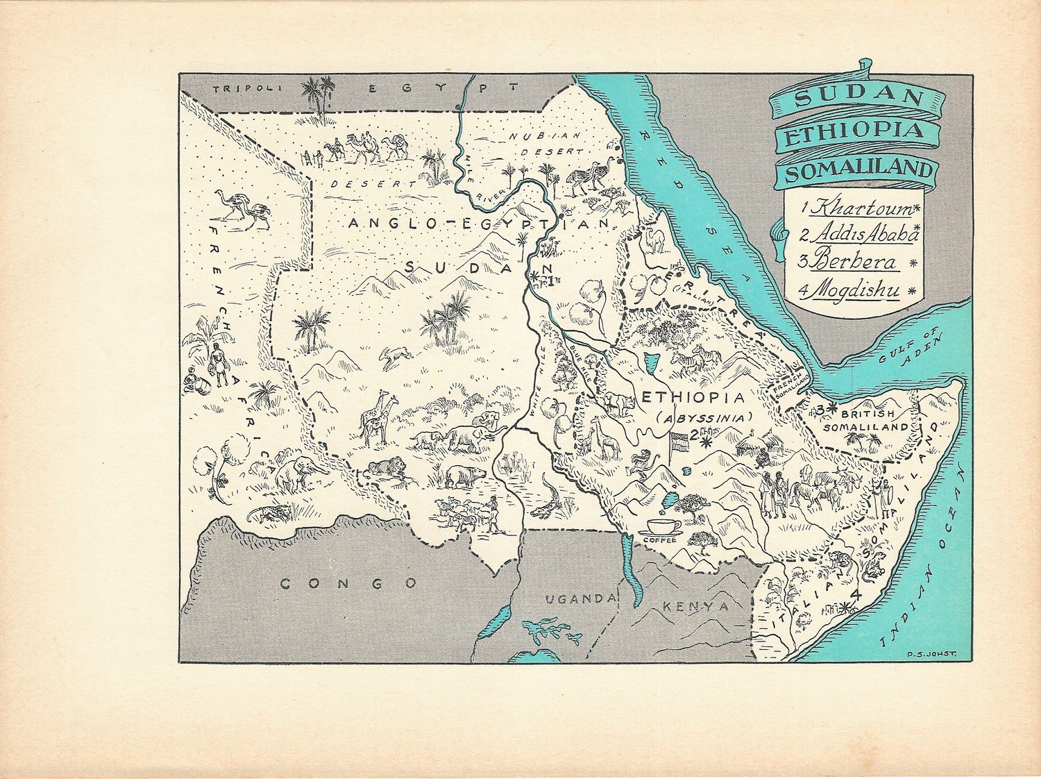1932 Animated Map of Sudan, Ethiopia &amp; Somaliland (Somalia)  with text page by PS Johst