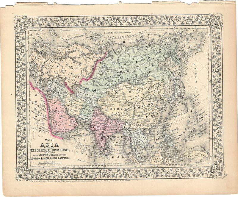 1870 Map of Asia showing Political Divisions by S. Augutus Mitchell 