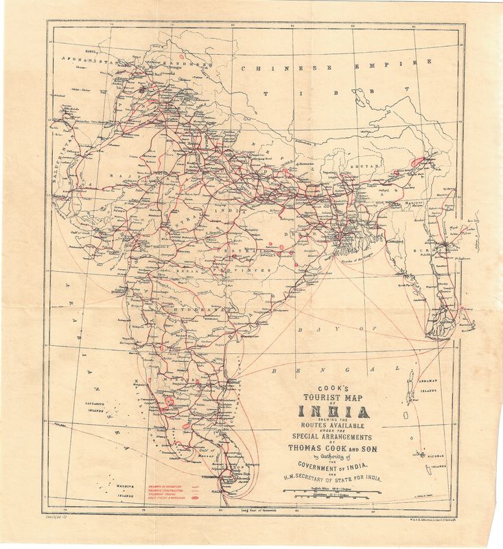 1887 Cooks Tourist Map of India showing the Routes Available
