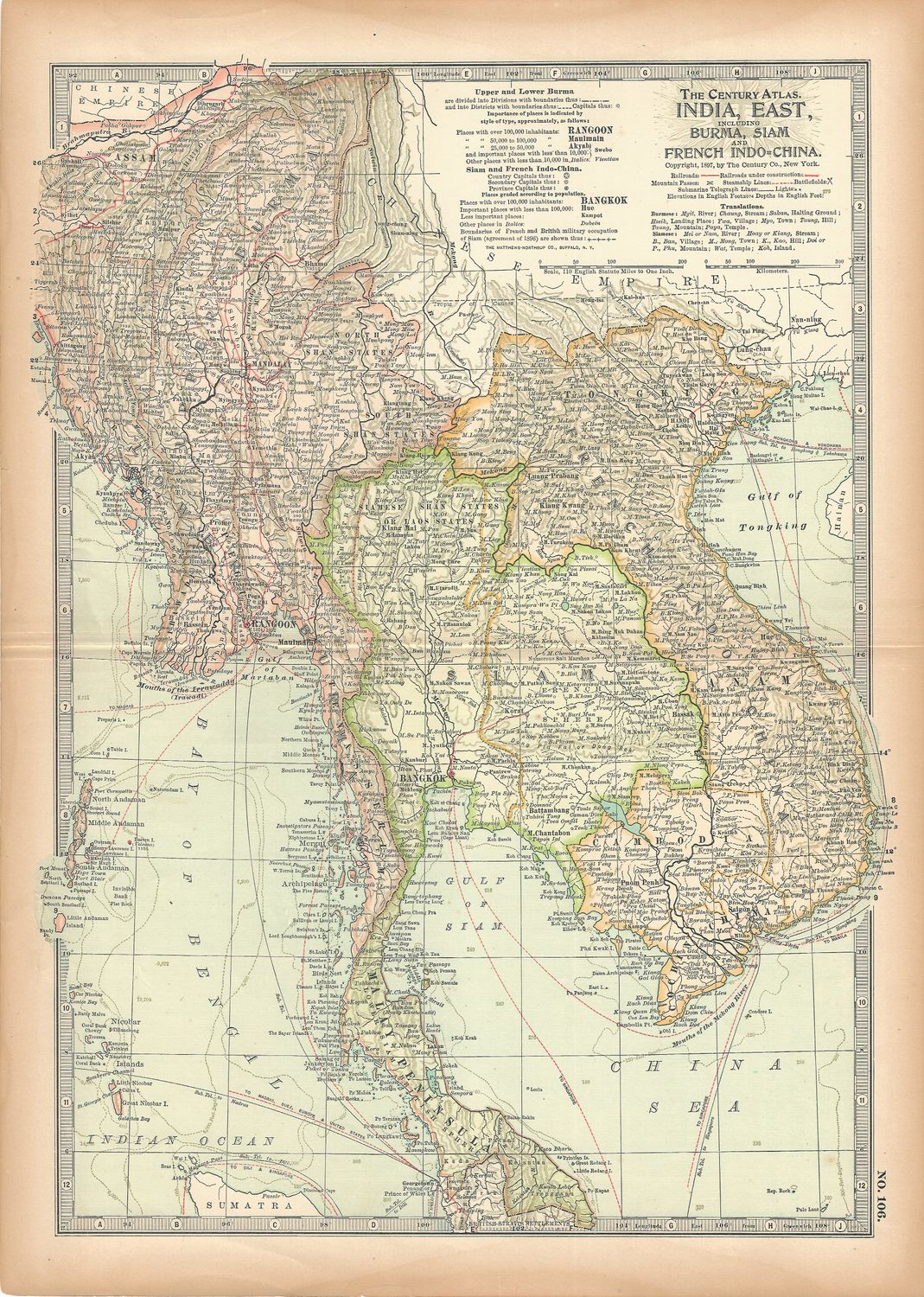 1897 Century Map of East India : Burma, Siam, French Indo-China (SE Asia)