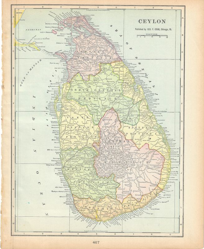 1903 Map of Ceylon (Sri Lanka) with index by Atlas Pub. Chicago