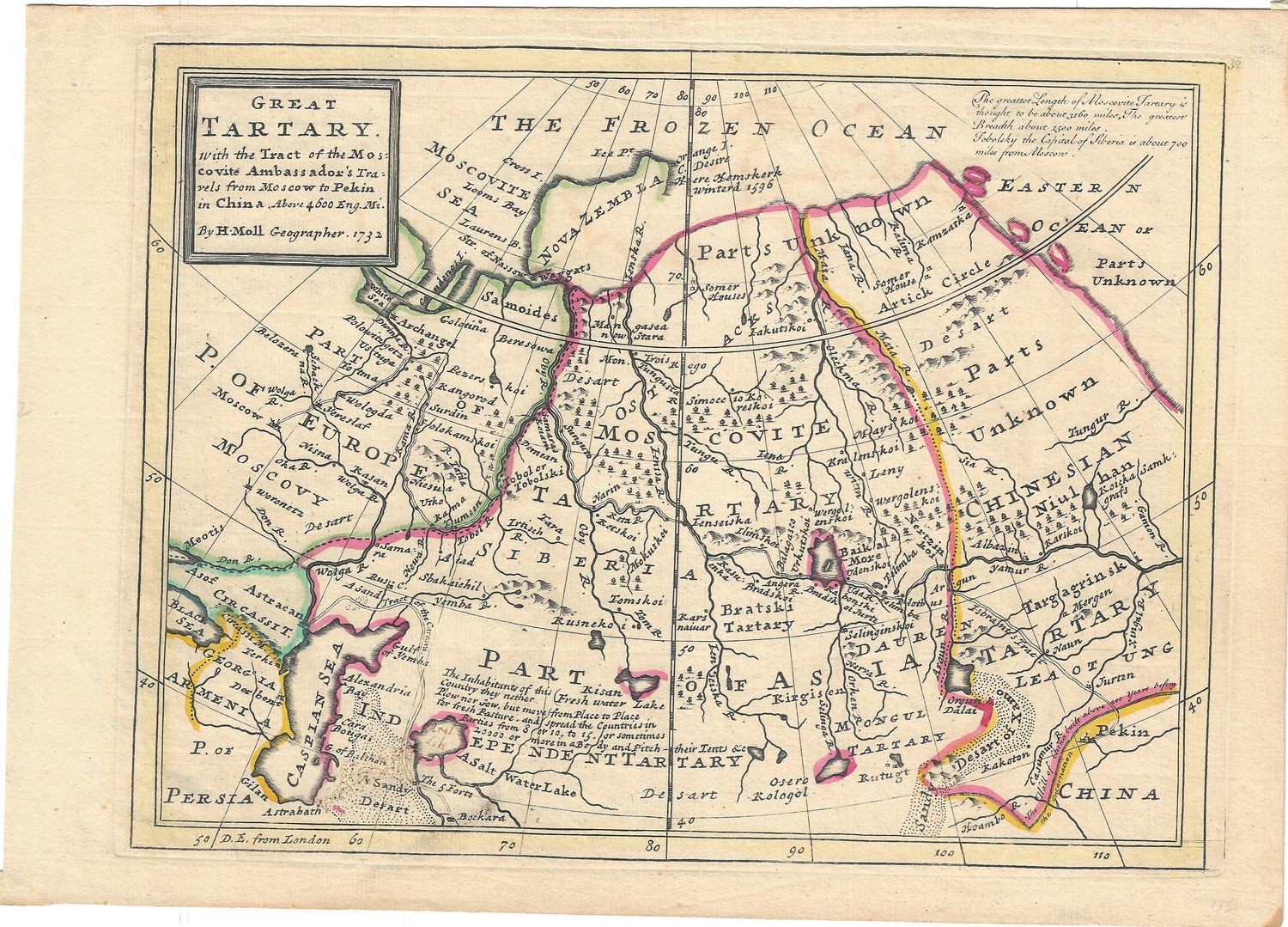 1732 Map of Great Tartary by Hermann Moll