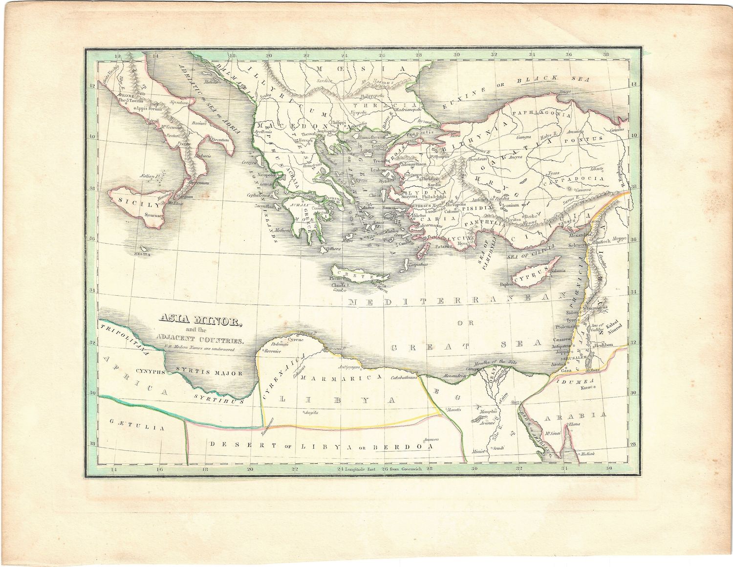 1835 Map of Asia Minor and Adjacent Countries w/ Text page by Bradford