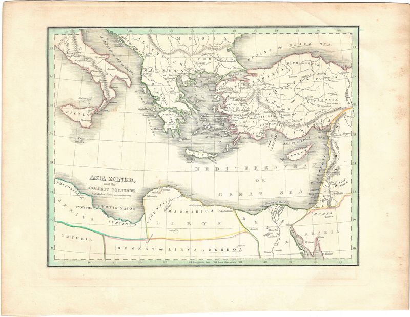 1835 Map of Asia Minor and Adjacent Countries w/ Text page by Bradford