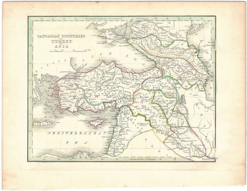 1835 Map of Caucasian Countries and Turkey in Asia w/ Text Page by Bradford 