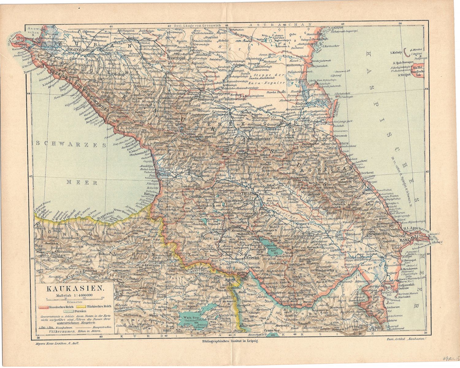 1912 Map of the Kaukasien (Caucasus) by Meyers Konv-Lexicon