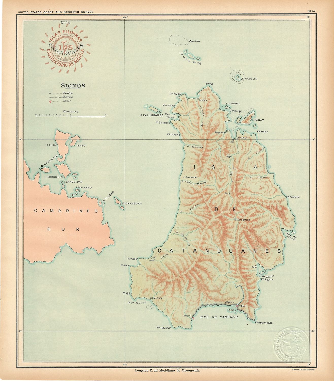 1899 USC&amp;GS Islas Filipinas Maps of the Philippine Islands- No.14 Catanduanes