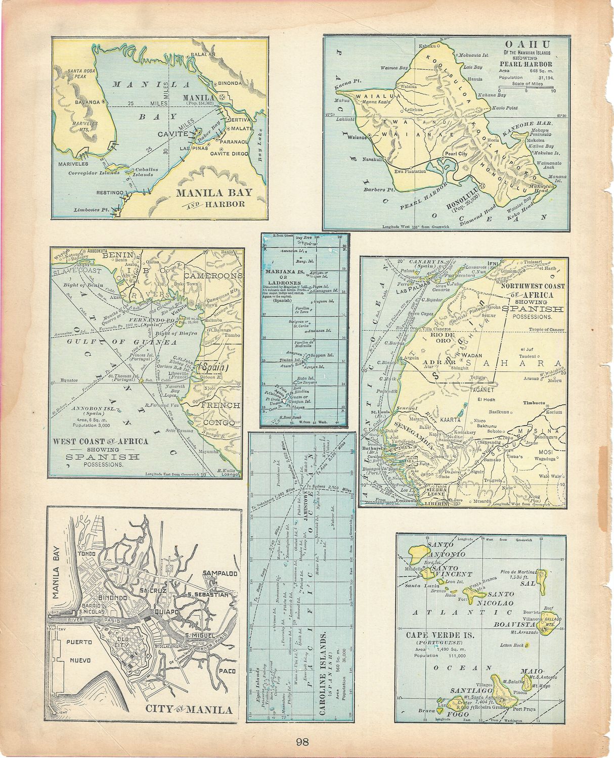 1903 Map of Manila Bay and City with Oahu and African coast by Atlas Pub Chicago