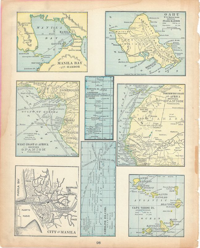 1903 Map of Manila Bay and City with Oahu and African coast by Atlas Pub Chicago