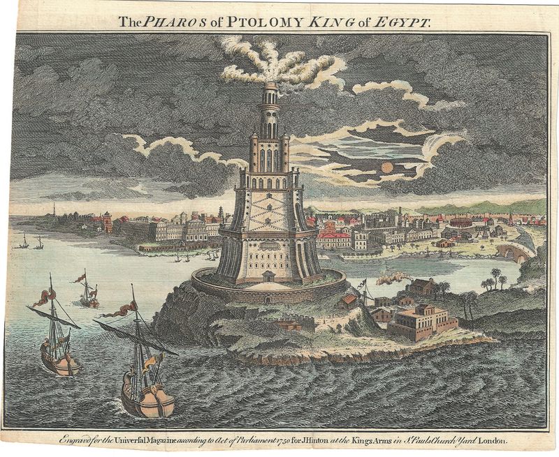 1750 View of the Pharos of Ptolomy , Kings of Egypt with hand color