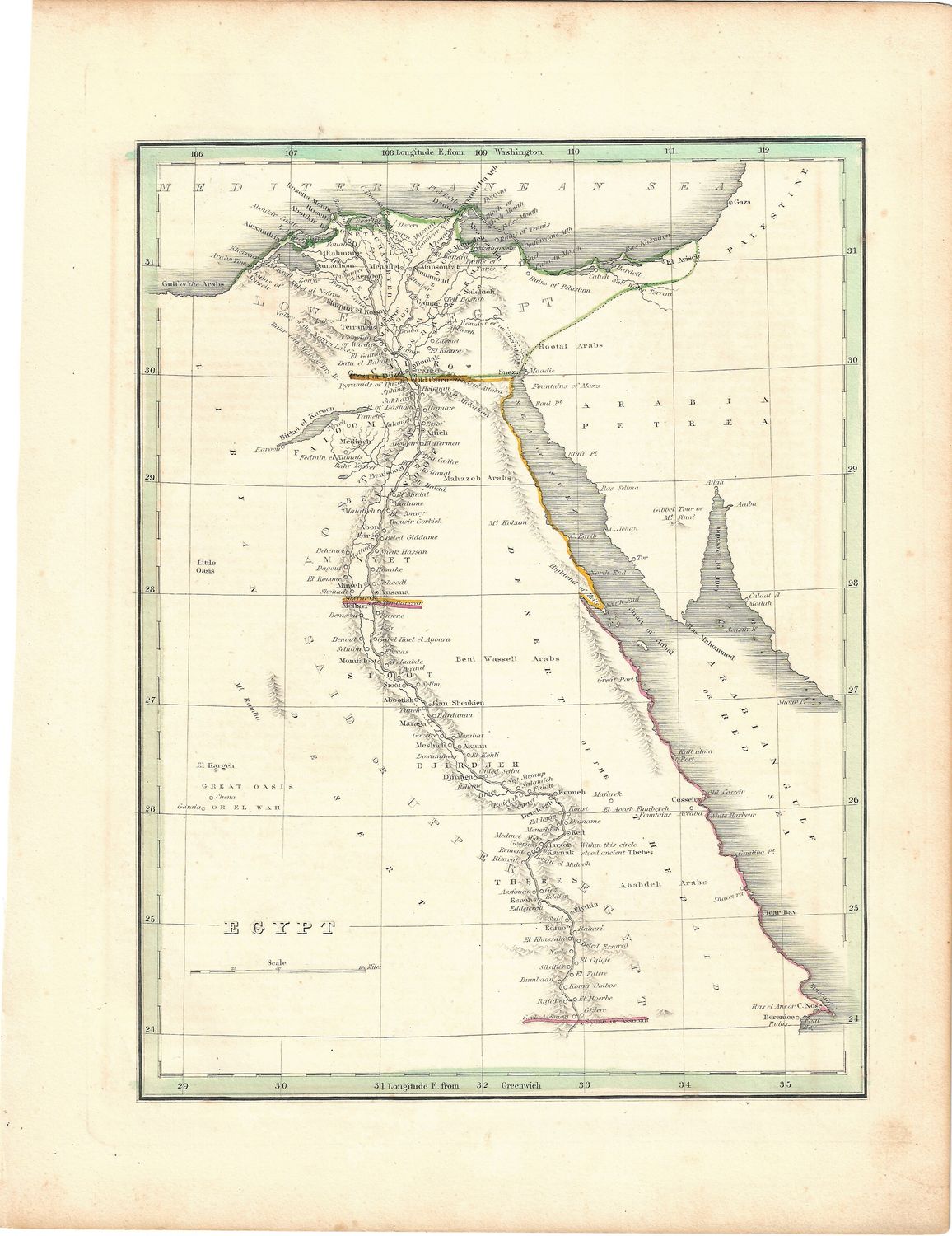 1835 Map of Egypt w/ original handcolor by Bradford