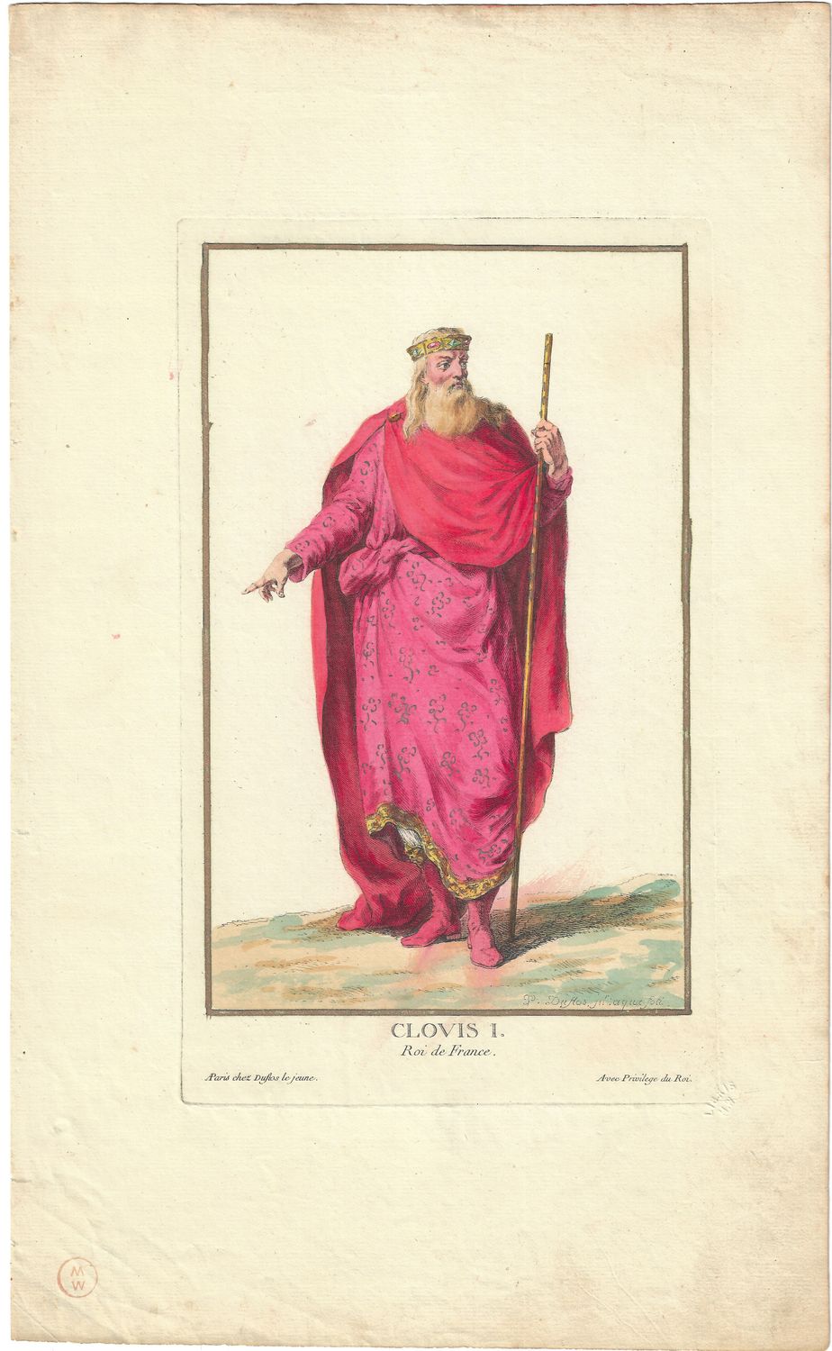 1784 Copper Engraving by Pierre Duflos w/ ohc - Clovis the 1st King of France