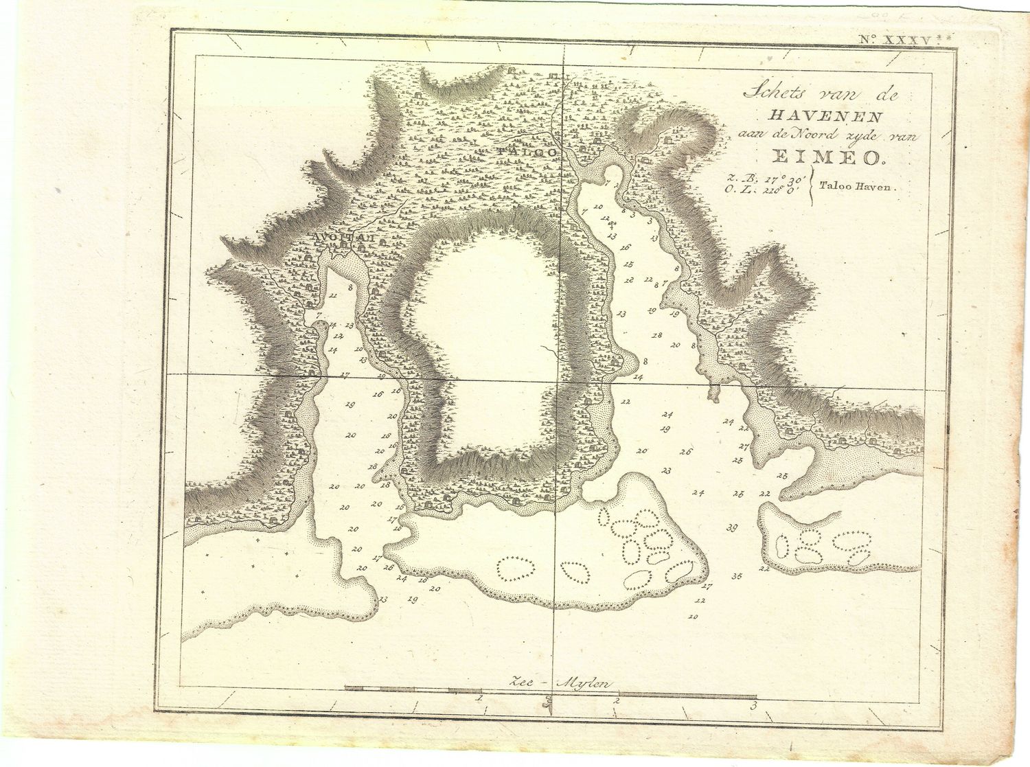 1793 Sketch of Harbours on the North side of Eimeo (Moorea) from Captain Cook&#39; Voyages- Dutch edition