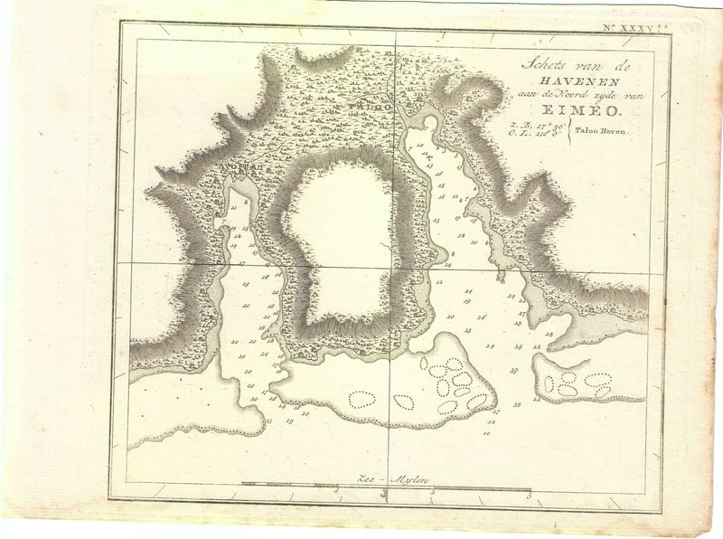 1793 Sketch of Harbours on the North side of Eimeo (Moorea) from Captain Cook' Voyages- Dutch edition