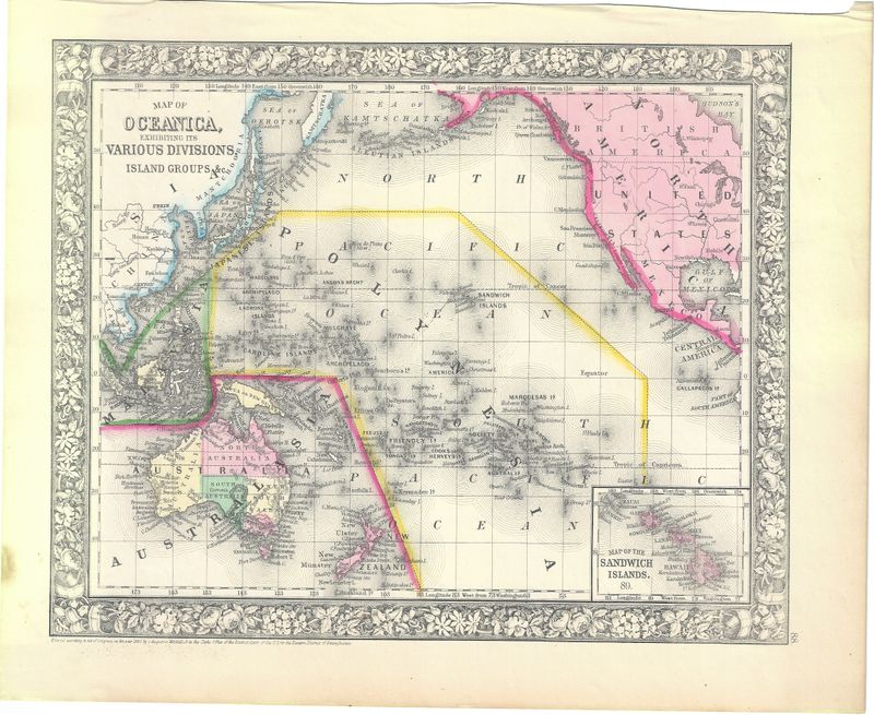 1860 Map of Oceanica and Various Islands by S. Augutus Mitchell