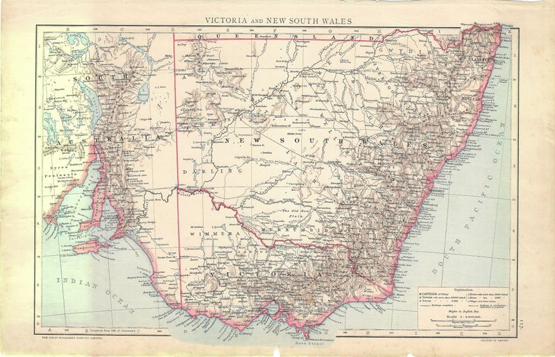 1892 Map of Victoria &amp; New South Wales by Atlas Pub. Co Leipzig