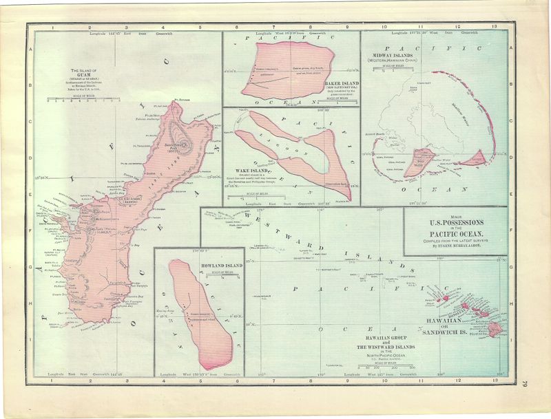 1911 Map of US Poss. in Pacific  incl. Guam, Sandwich Is. Philippines by George Cram