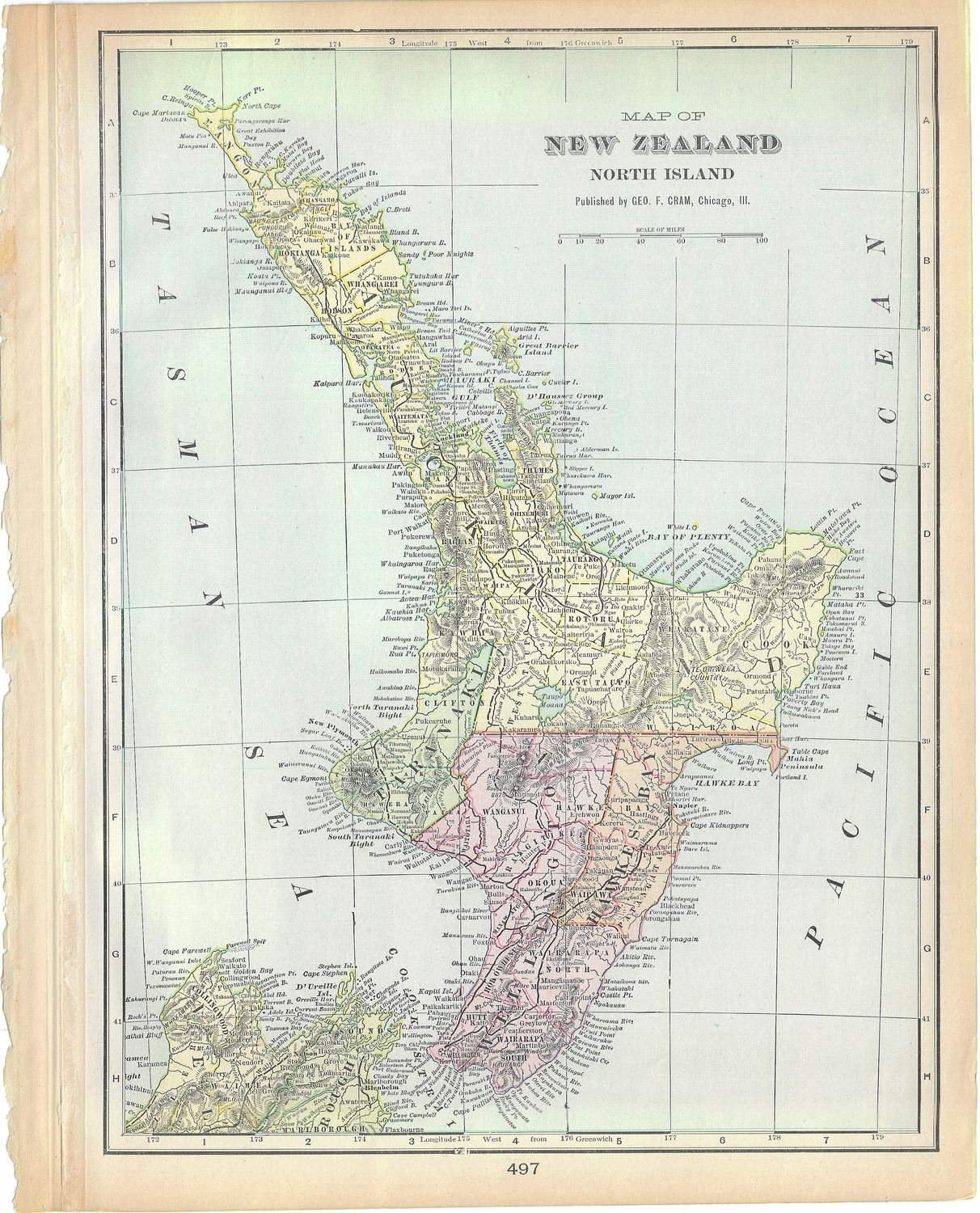 1911 Map of New Zealand North Island by George Cram