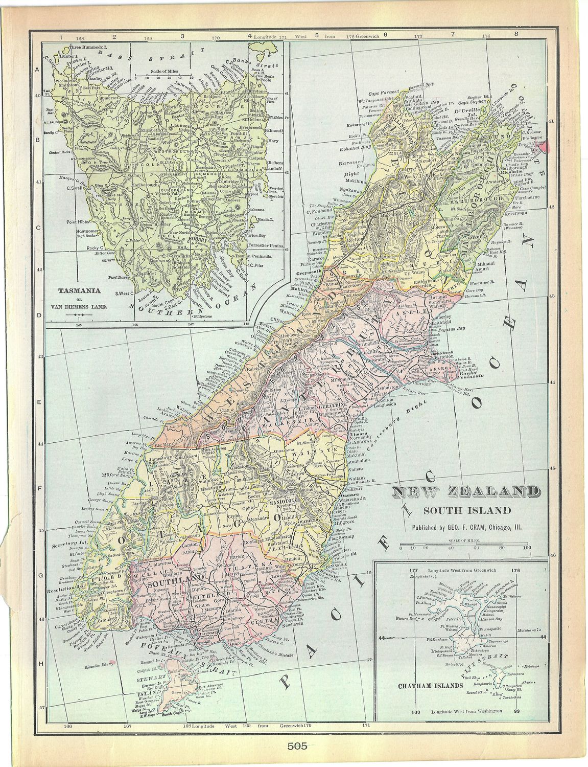 1911 Map of New Zealand South Island by George Cram