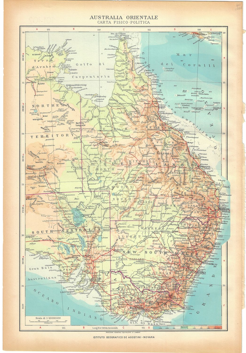 1934 Map of  (Eastern) Australia Orientale by the Instituto Geografico de Agostini