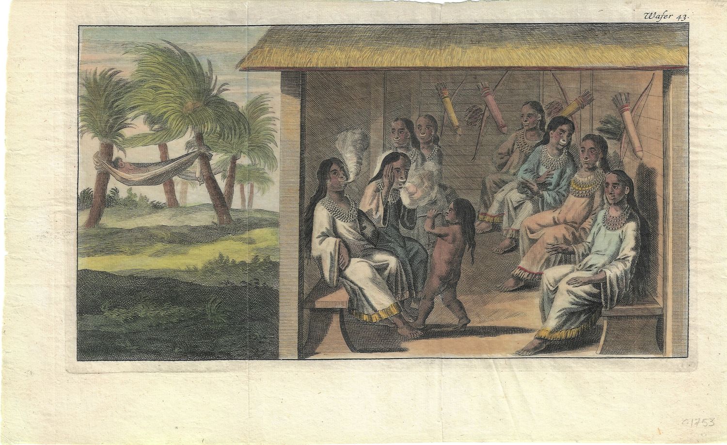 1753 View of South Pacific from Anson&#39;s Voyage with hand color