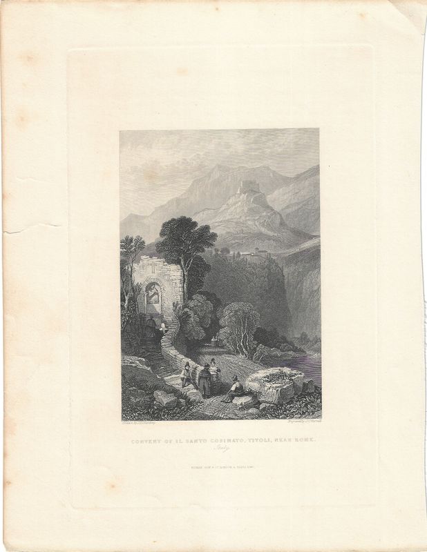 1846 View of the Convent of Il Santo Cosimato, Tivoli near Rome by Fisher &amp; Son.