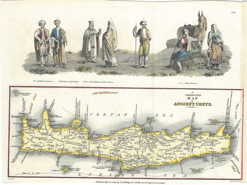 1823 Map of Ancient Crete with Costumed Figures by Sir R. Phillips