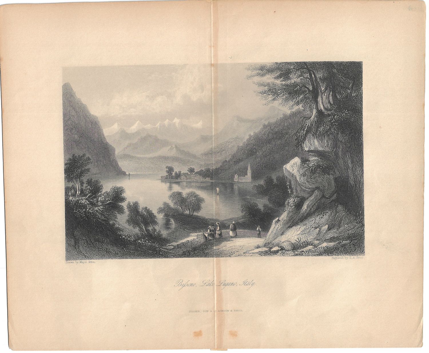 1855 Steel Engraved View of Bilsone, Lake Lugano Italy