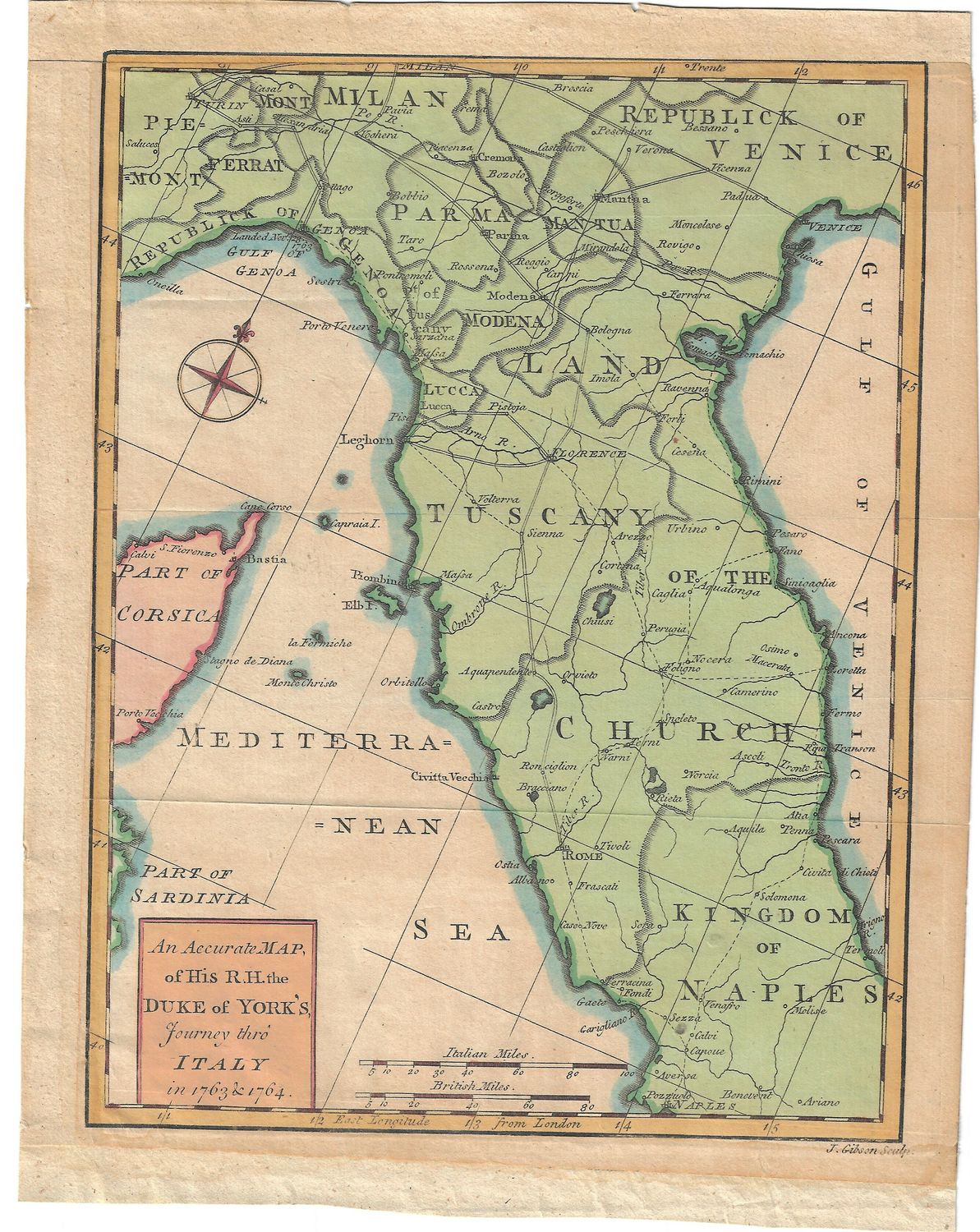 1764 Map of the Duke of York&#39;s Journey thru Italy by John Gibson