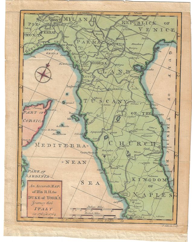 1764 Map of the Duke of York's Journey thru Italy by John Gibson