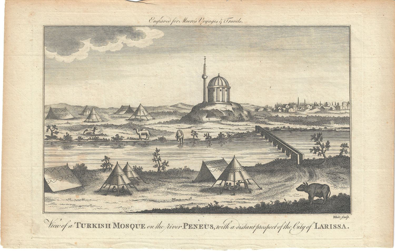 1784 View of a Turkish Mosque on ther River Peneus from Moore&#39;s Voyages and Travels