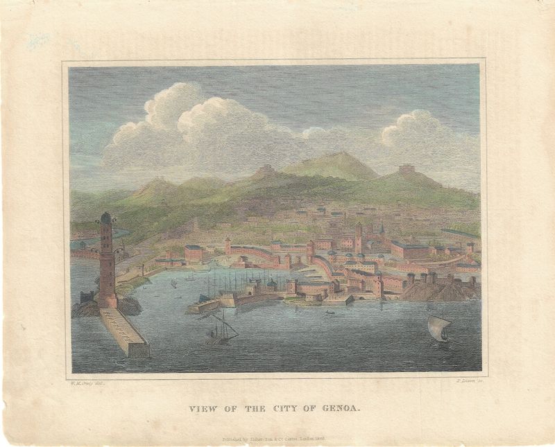 1826 View of the City of Genoa w/ Hand color by Fisher &amp; Son
