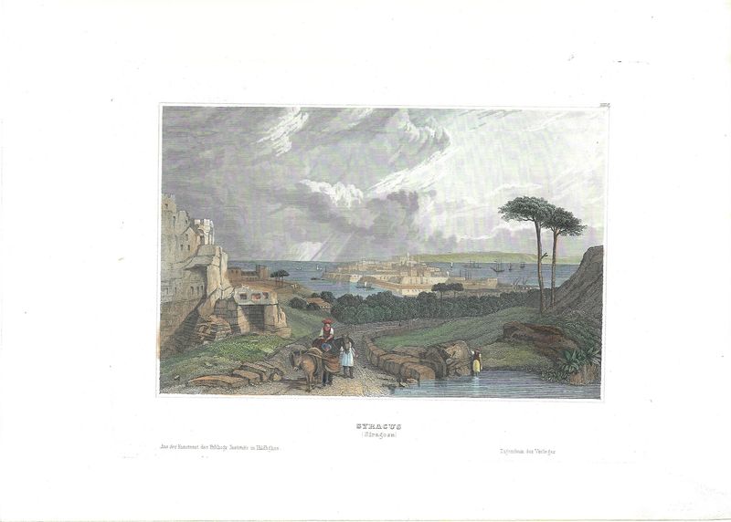 1844 View of Syracus (Siragosa) w/ hand color by Myer