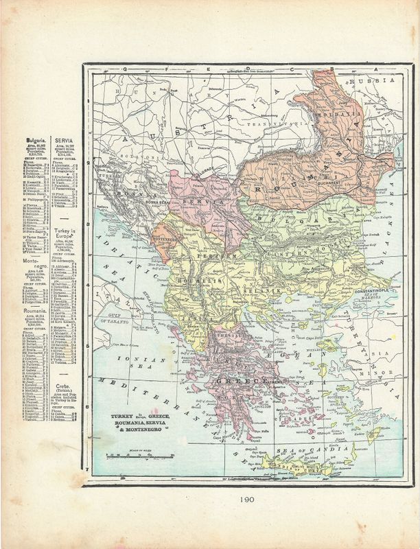 1888 Map of Turkey in Europe, Greece  &amp; Romania by Atlas Publishing Co.