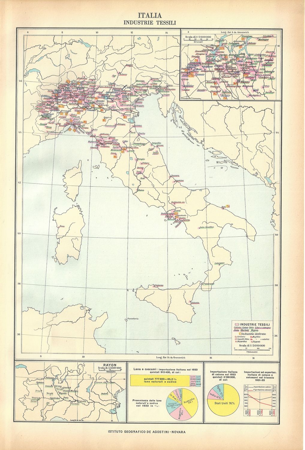 1934 Mapa di Italia - Textile Industries by Inst. Geographico