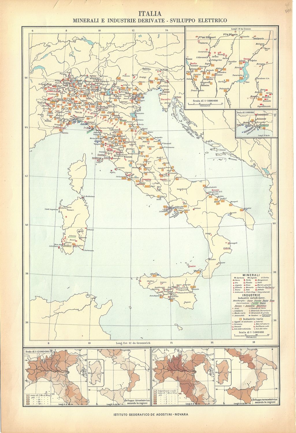 1934 Mapa di Italia- Minerals and Related Industries by Inst. Geographico