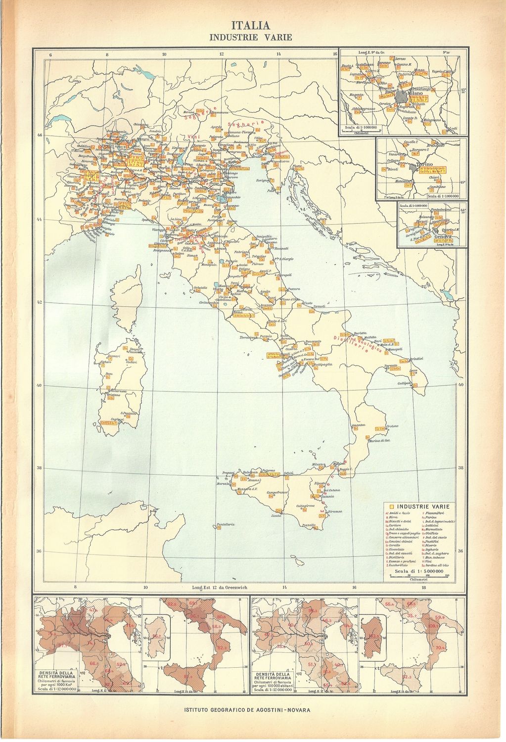 1934 Mapa di Italia - Industrie Variety by Inst. Geographico