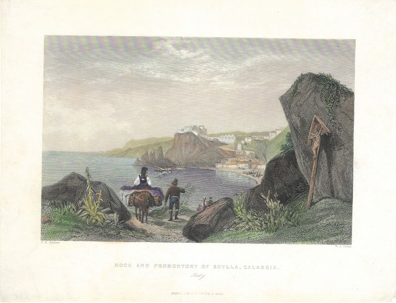 1830 View of the Rock and Promontory of Scylla, Calabria, Italy w/ hand color