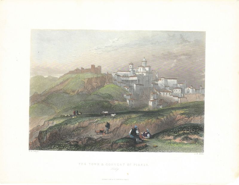 1830 View of the Town and Convent of Piazza, Italy w/ Hand Color
