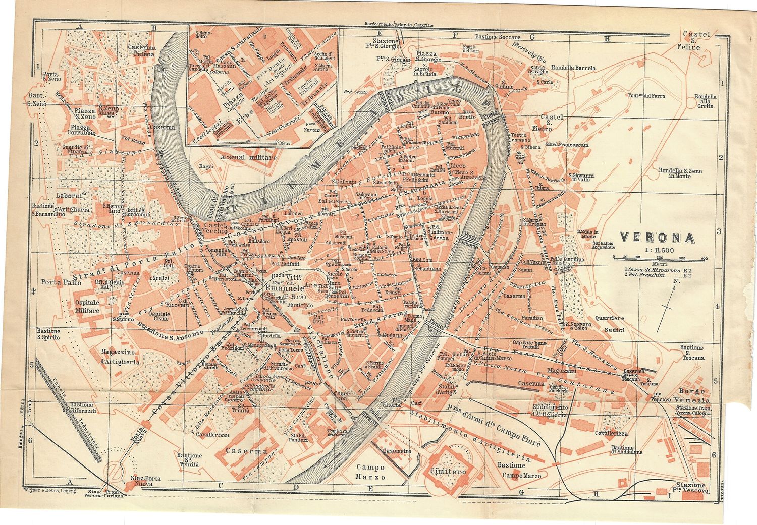 1921 Map of Verona by Leipzig &amp; Wagner for Beadekker's Guide