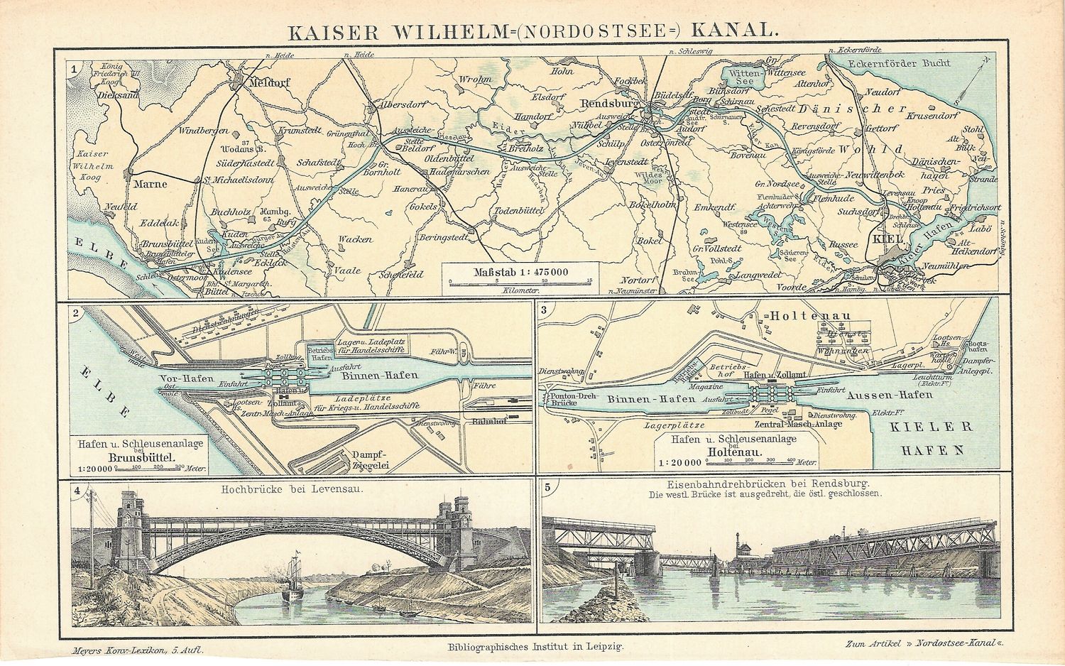 1912 Map of Kaiser Wilhem Canal by Meyers Konv. Lexicon