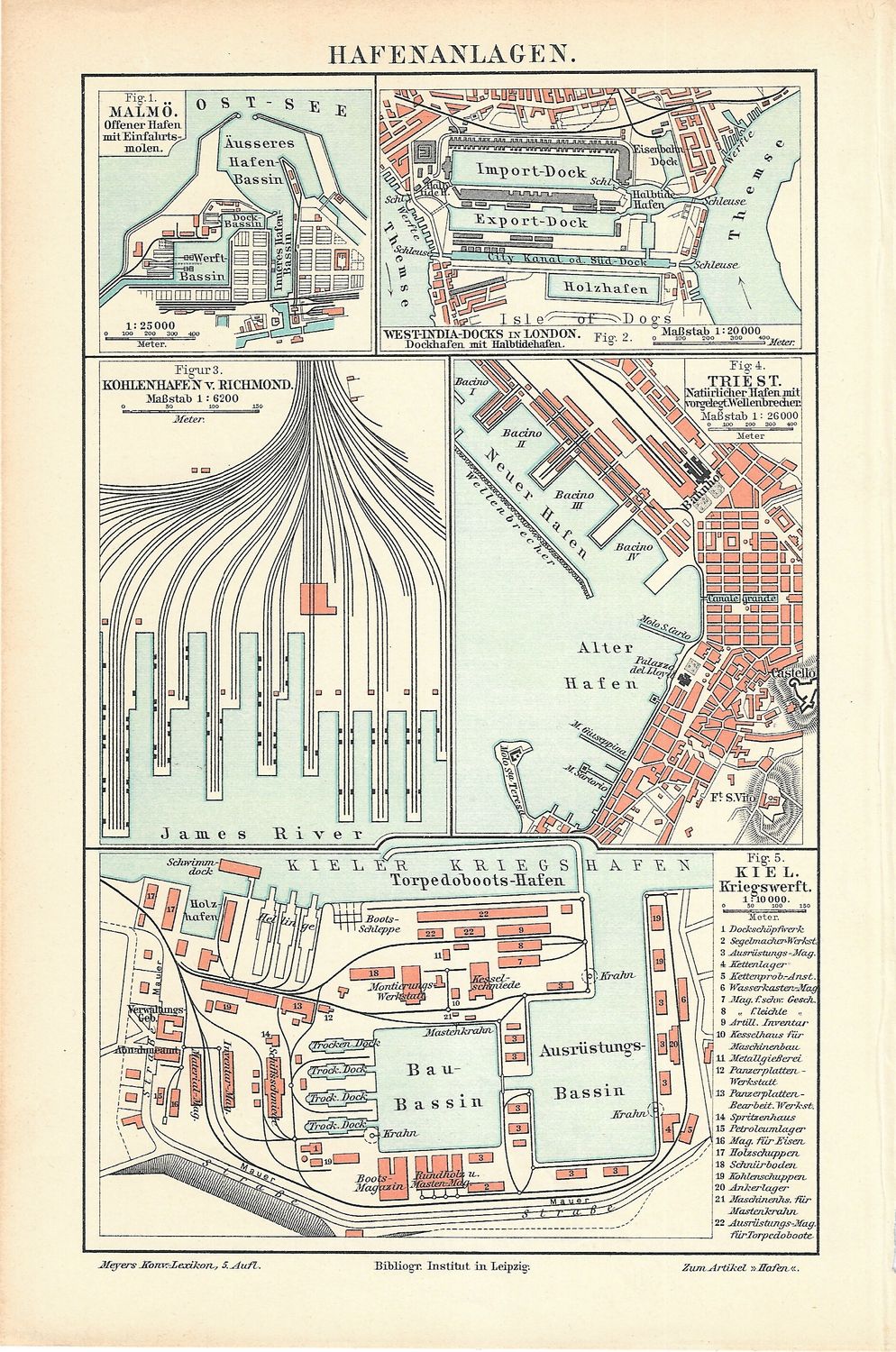 1912 Map of European Ports by Meyers Konv. Lexicon