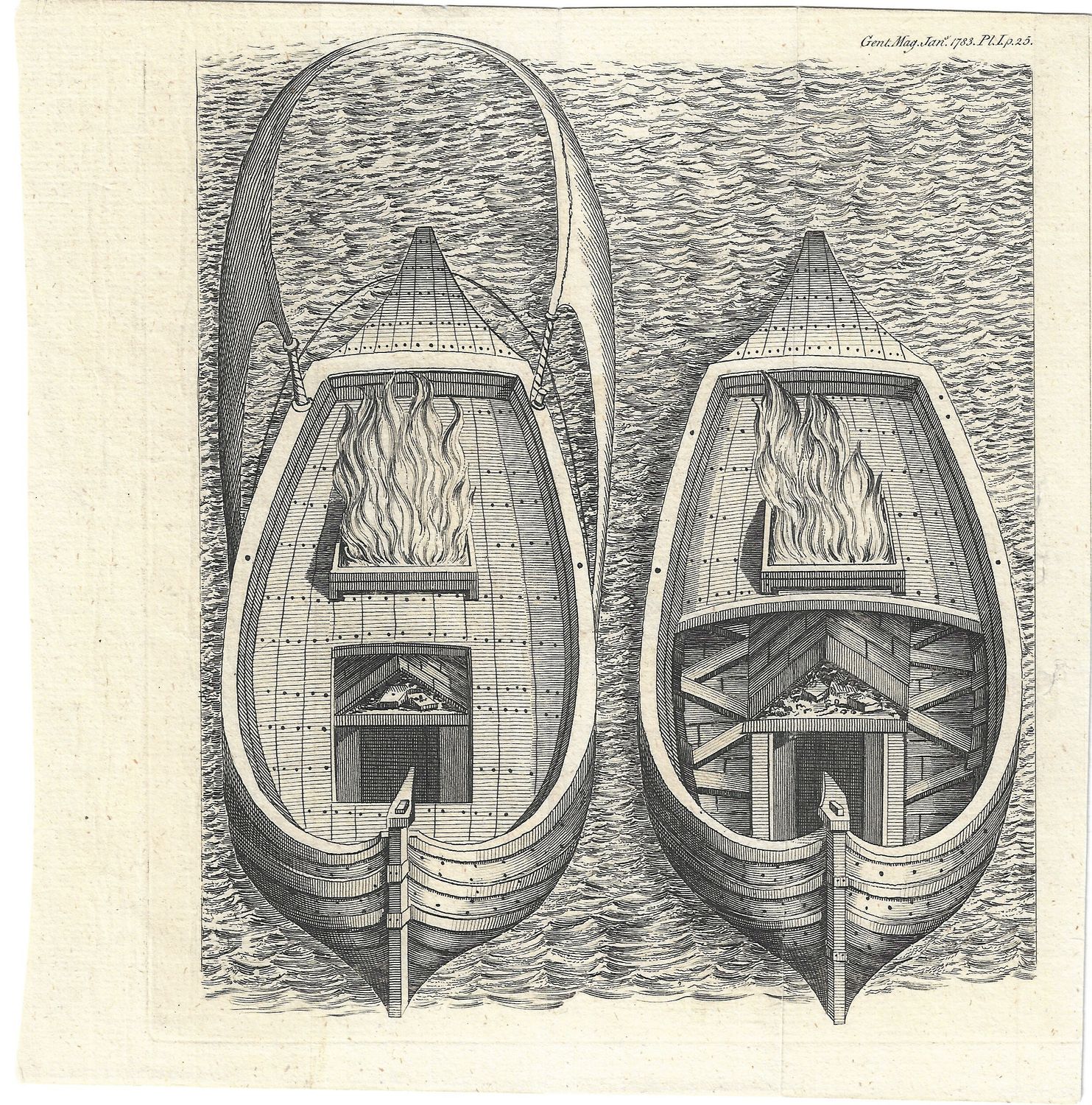 1783 Copper Engraved View of a Burning Boat from the Gentleman&#39;s Magazine