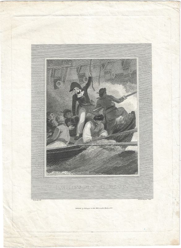 1808 View of Boarding the American - Maritime engraving