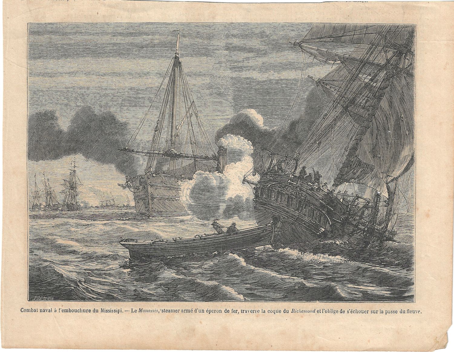 1862 View of Naval Combat obn the Mississippi between the Richmond vs the Manasses 