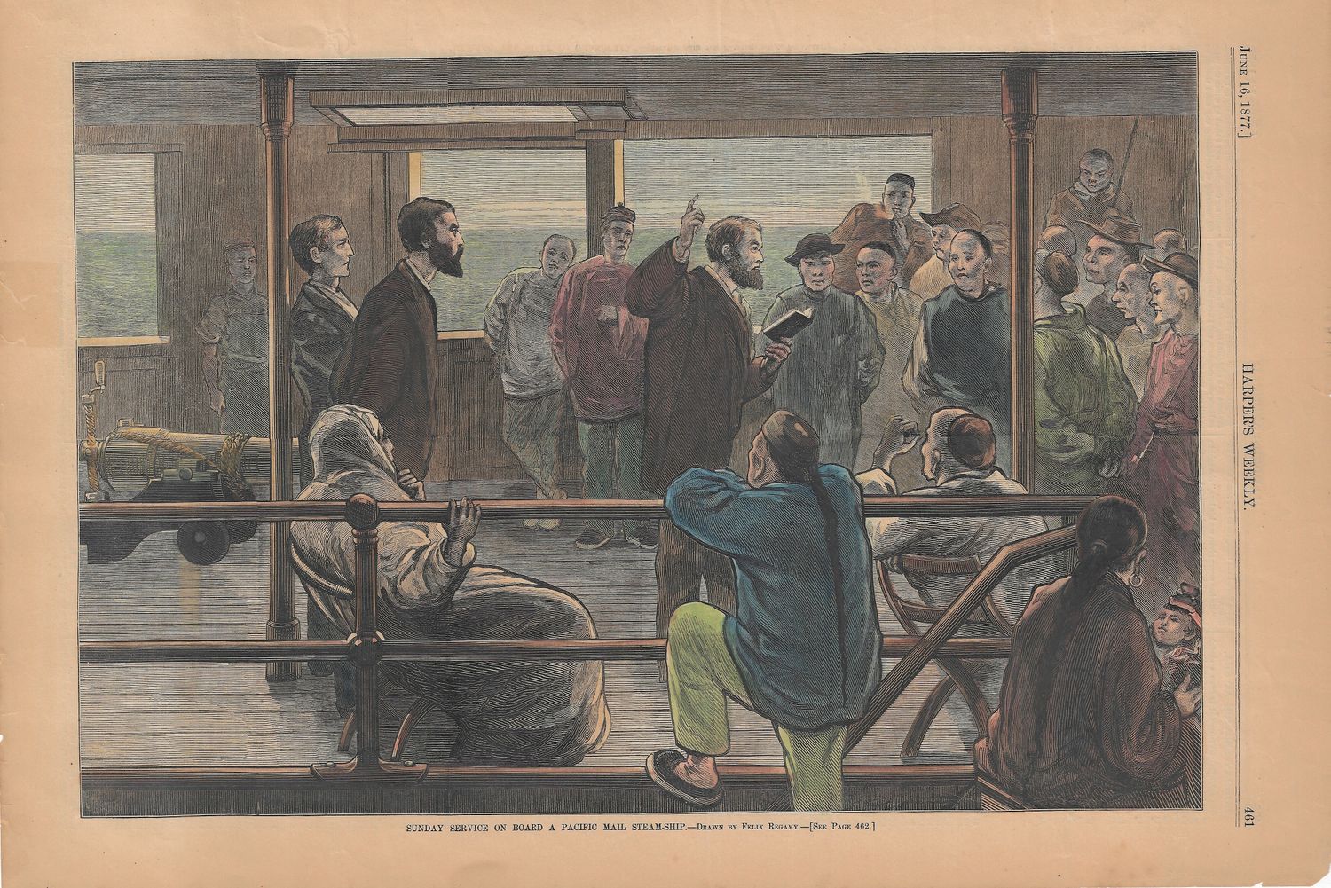 1877 Harpers Weekly View of "Sunday Service on Pacific Mail SS" w/hc