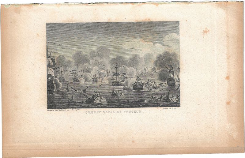 1845 View of Naval Combat du Vengeur- a copper engraving
