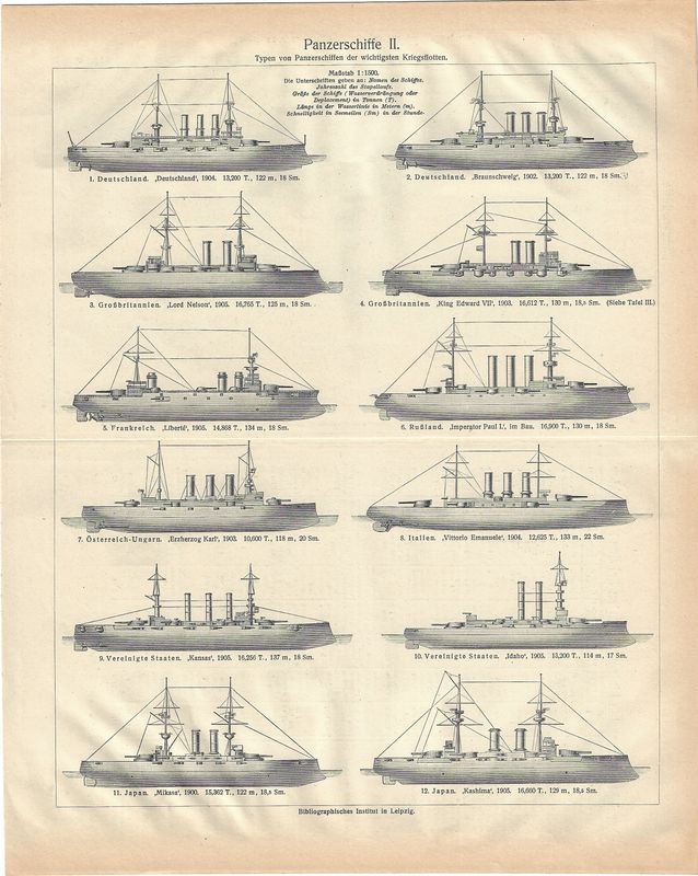 1912 View of Armored Ships of Different World Powers by Meyers Konv. Lexicon